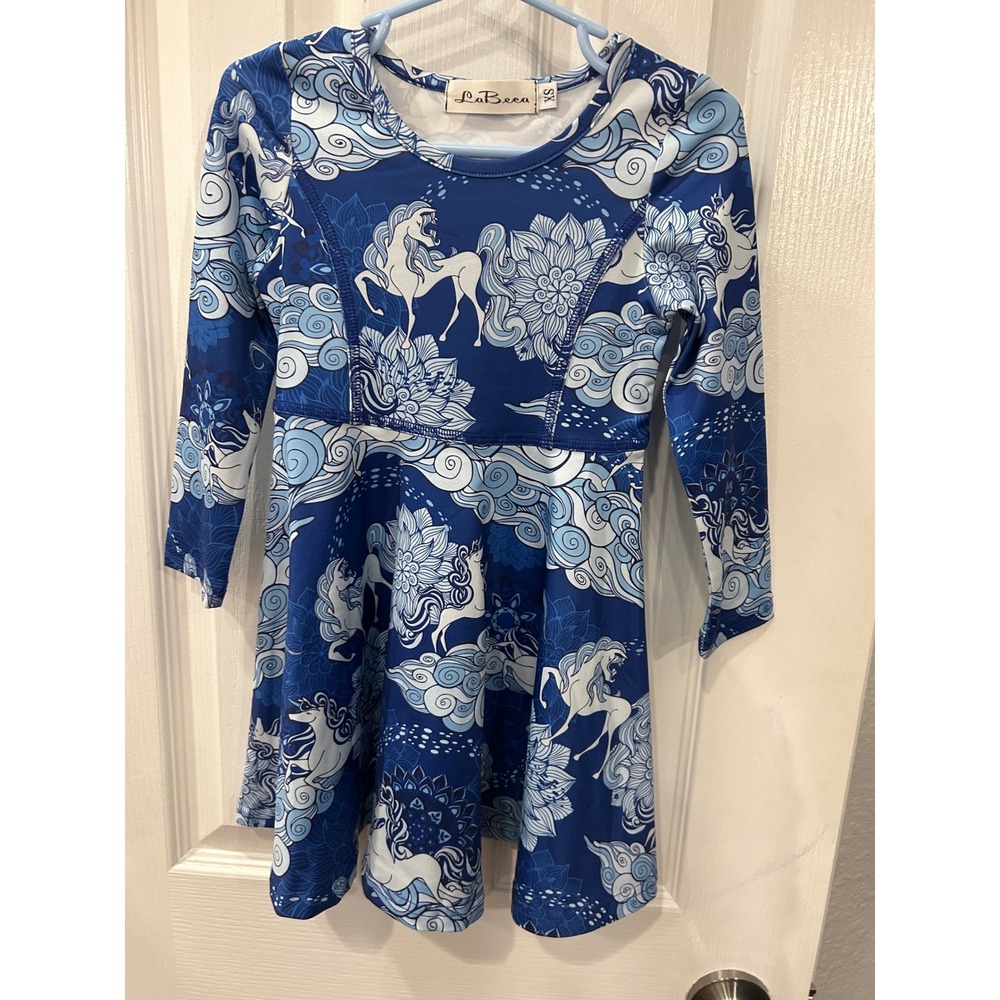 LaBeca Skater Dress Blue Unicorn Print Long Sleeve Girls‎ XS Whimsical Floral
